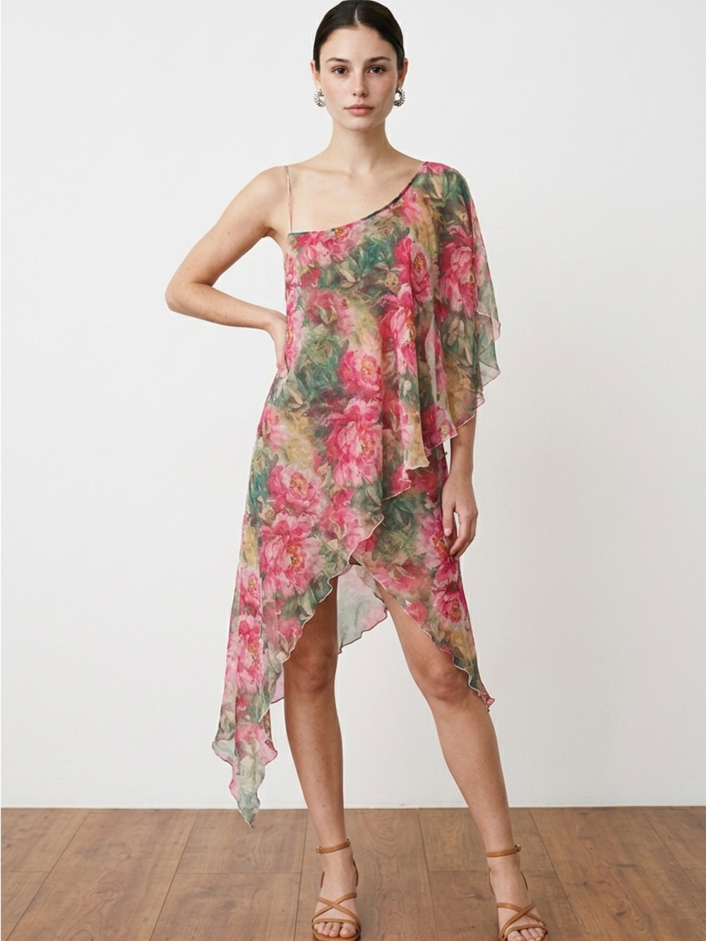 UNIF Pink Floral One-Shoulder Asymmetric Chiffon Dress
